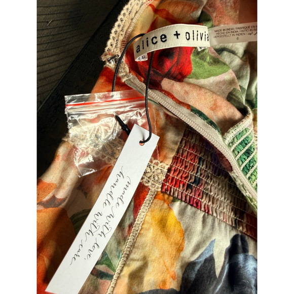 Alice + Olivia Floral Lace Trim Puff Sleeve Mini Dress NWT Size 6 - Picture 7 of 12